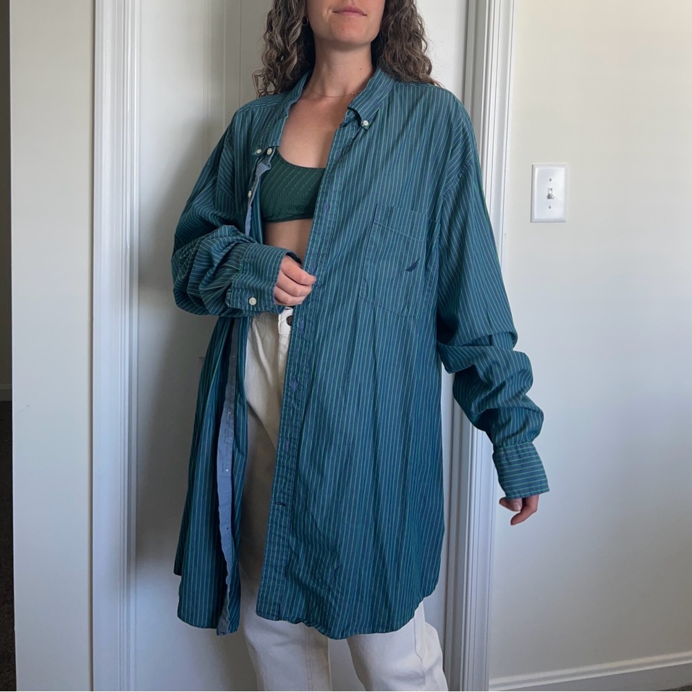 Nautica Blue Casual Button Down Shirt Relaxed Fit